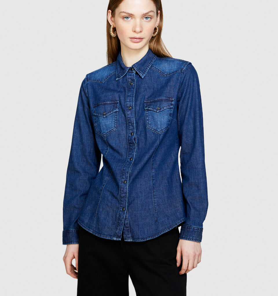 Slim fit denim shirt - women's shirts - Dark Blue | Sisley image number 4